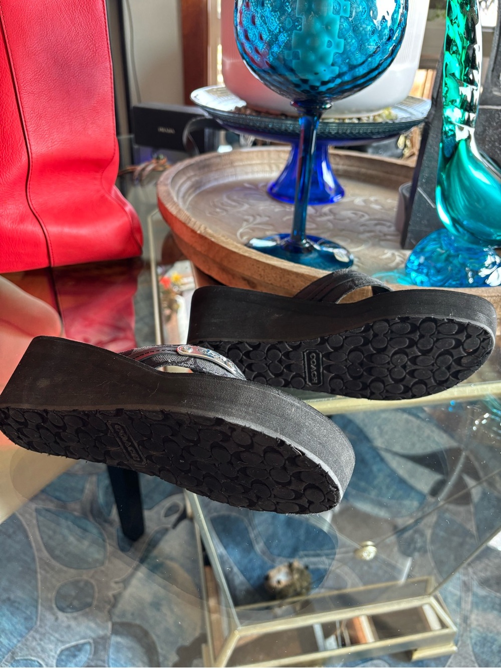 Coach Black Leather Thong Sandals with Silver Logo Accent - Picture 3 of 6